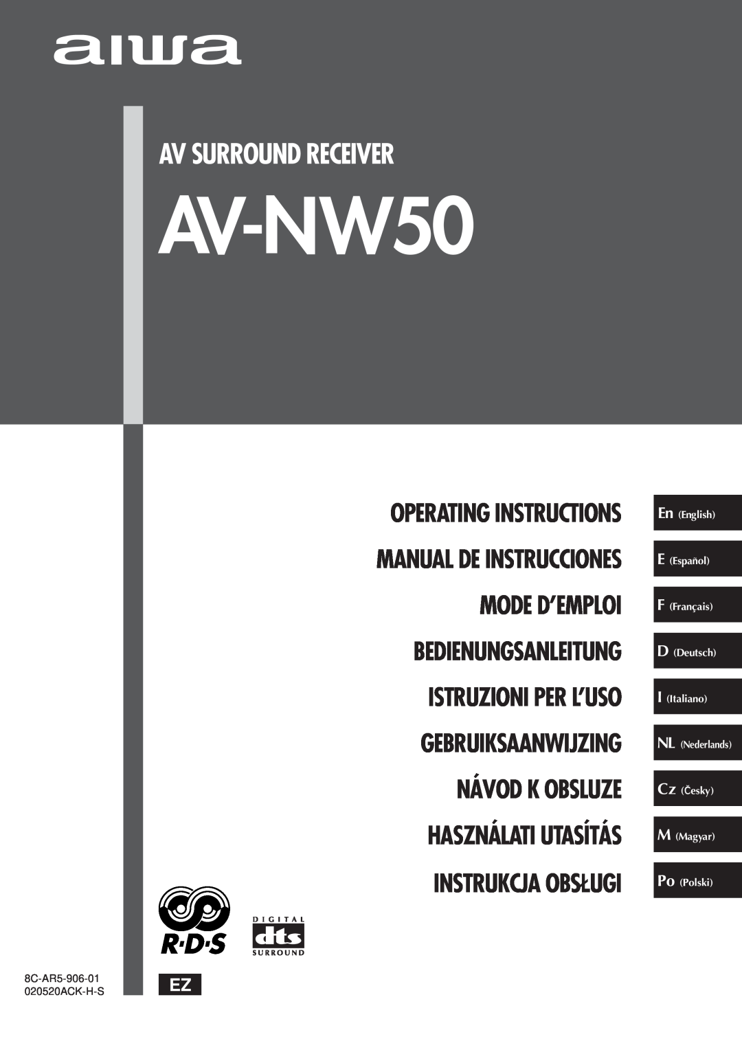 Aiwa AV-NW50 manual Av Surround Receiver, En English EEspañol FFrançais DDeutsch IItaliano, Cz Česky MMagyar Po Polski 