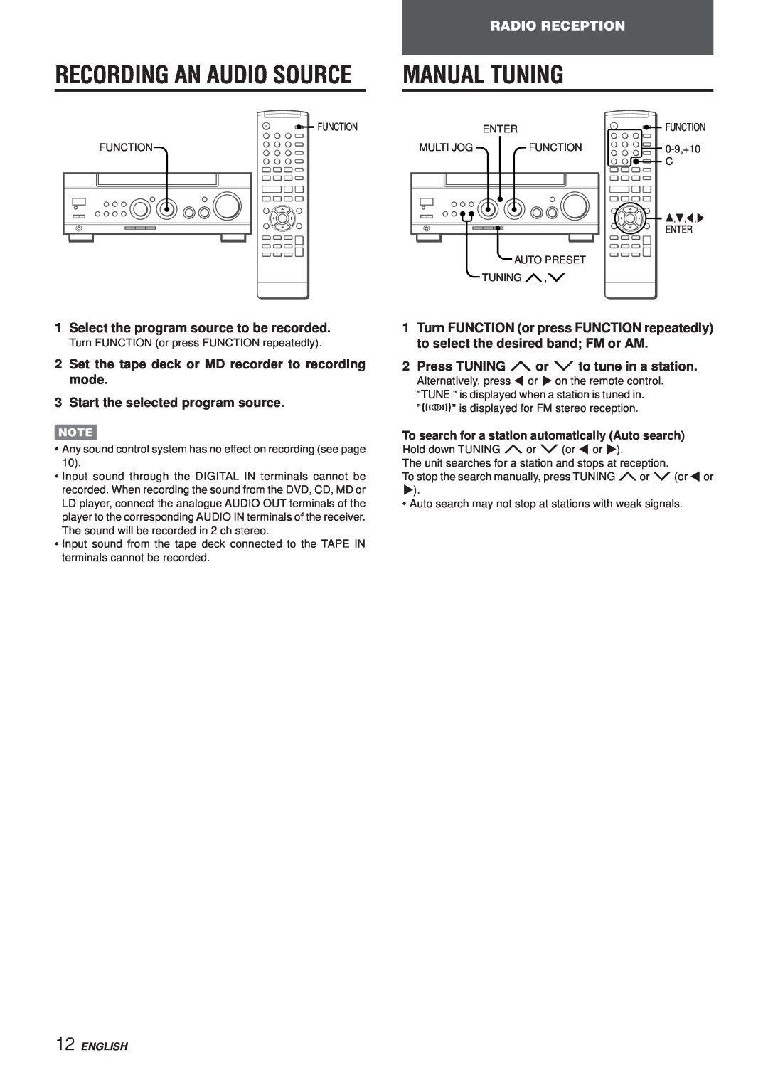 Aiwa AV-NW50 Manual Tuning, Recording An Audio Source, Radio Reception, Select the program source to be recorded, i,k,j,l 
