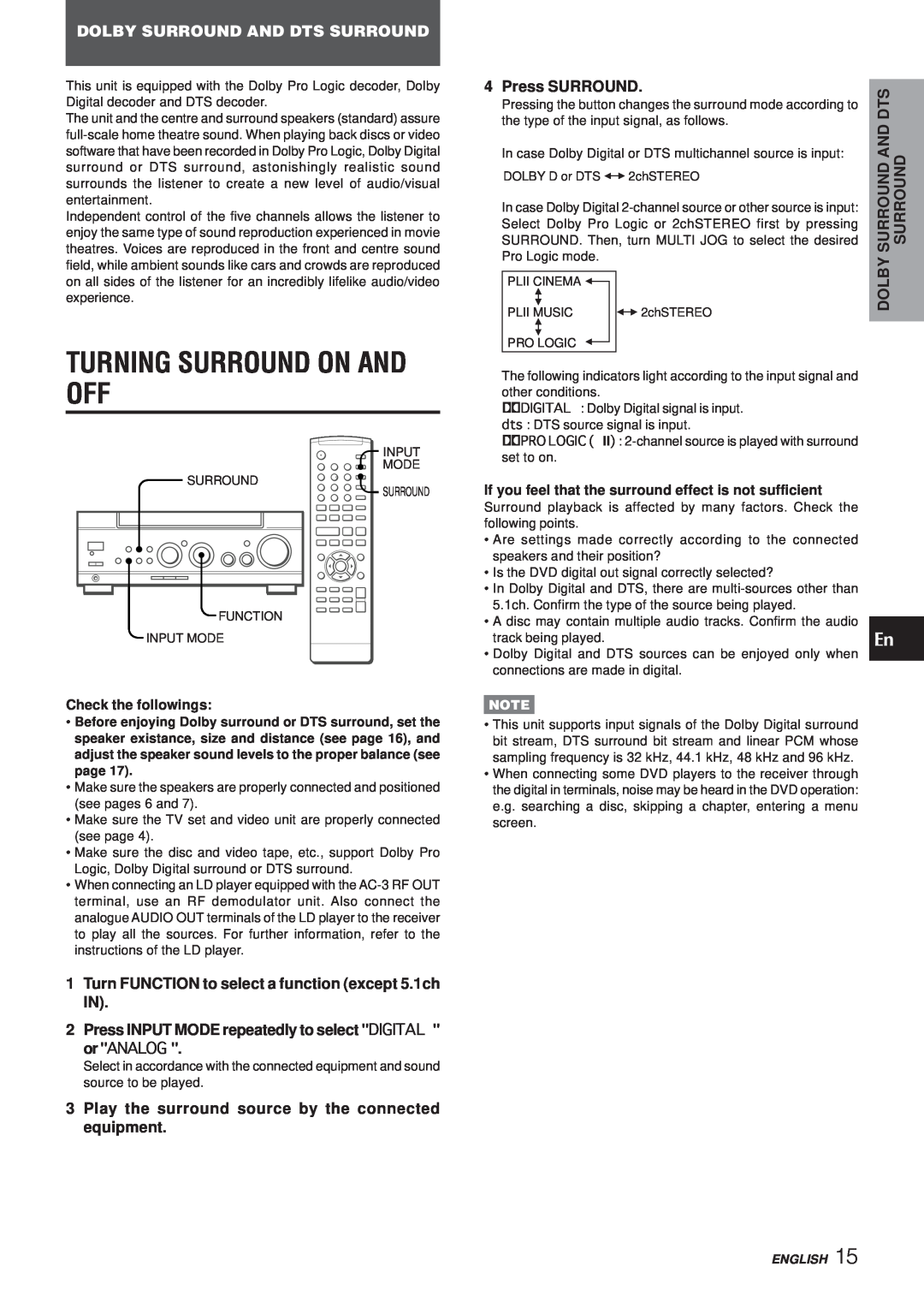 Aiwa AV-NW50 manual Turning Surround On And Off, Dolby Surround And Dts Surround, Press SURROUND 