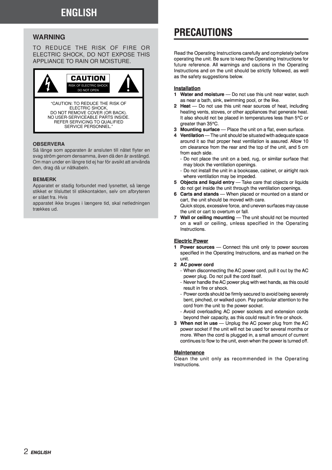 Aiwa AV-NW50 manual Precautions, English, Observera, Bemærk, Installation, Electric Power, Maintenance 