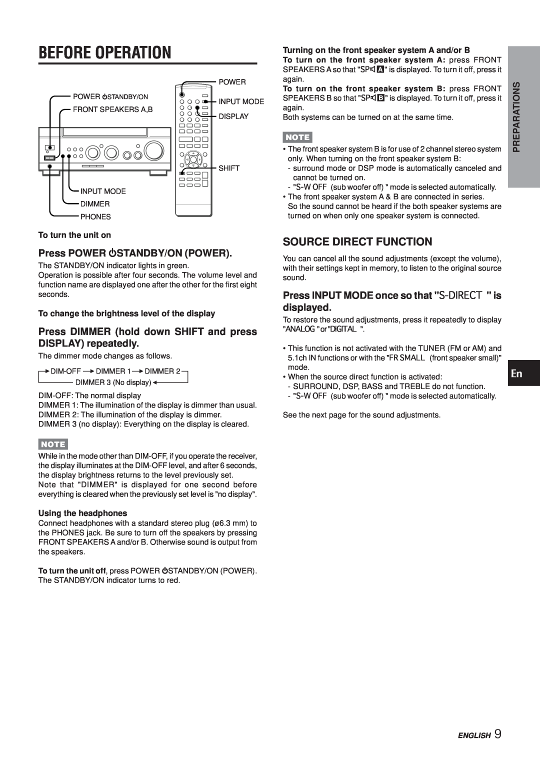 Aiwa AV-NW50 manual Before Operation, Source Direct Function 