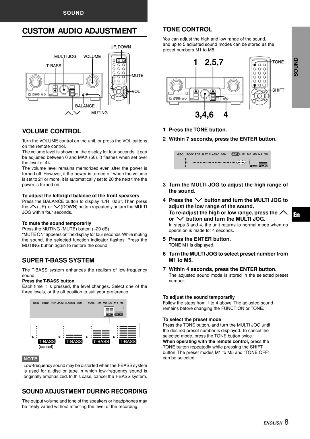 Aiwa AV-S17 Custom Audio Adjustment, Volume Control, Super T-BASS System, Sound Adjustment During Recording, Tone Control 