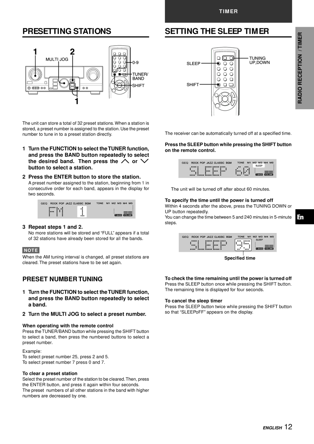 Aiwa AV-S17 manual Presetting Stations, Preset Number Tuning, Repeat steps 1 