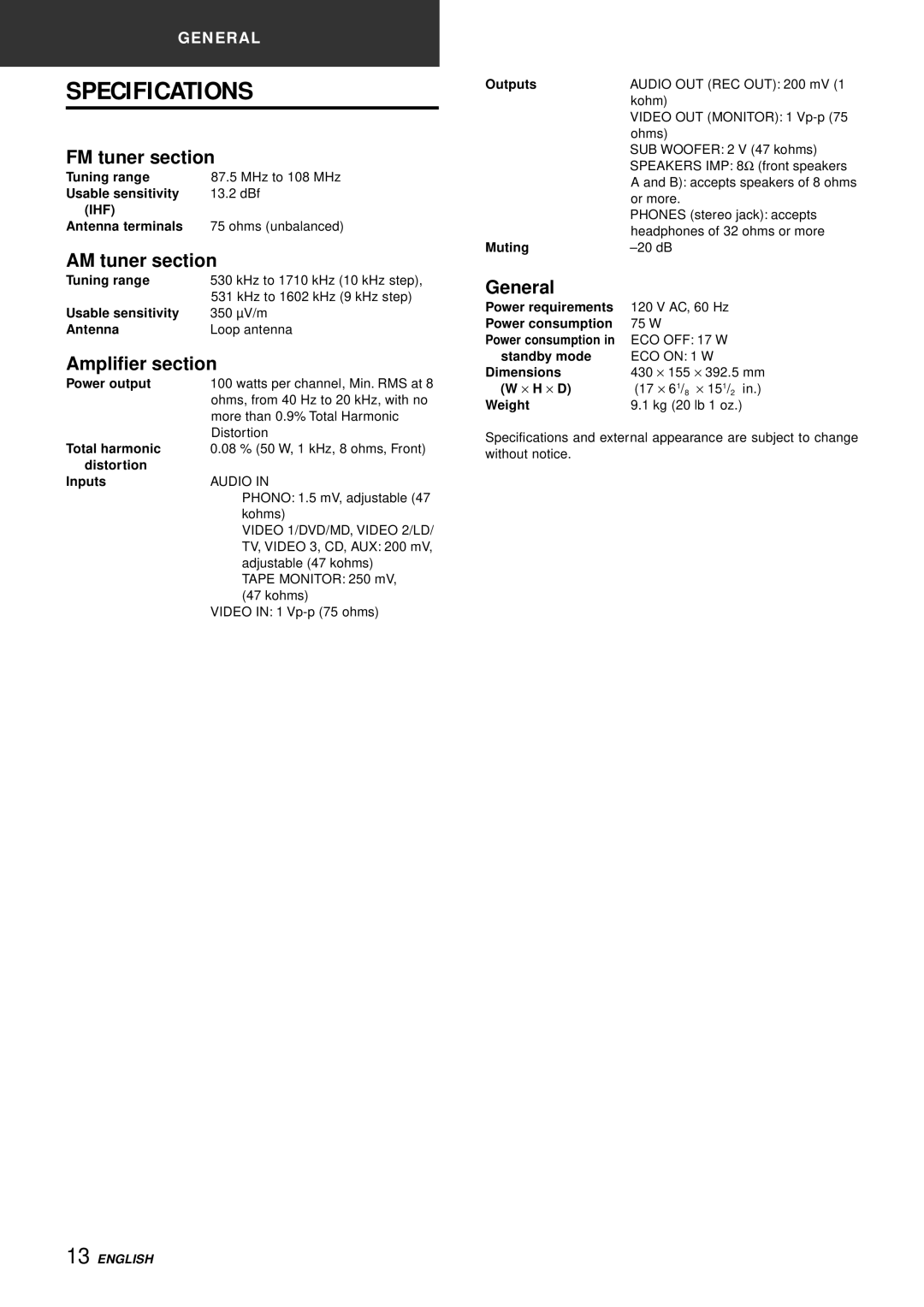 Aiwa AV-S17 manual Specifications, FM tuner section, AM tuner section, Amplifier section, General 