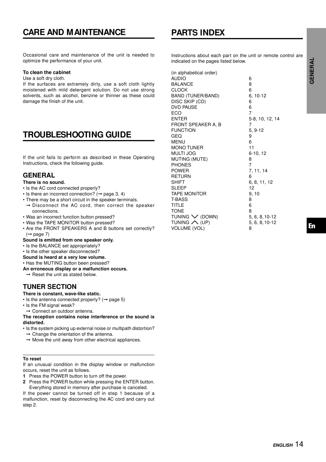 Aiwa AV-S17 manual Care and Maintenance, Troubleshooting Guide, Parts Index, General, Tuner Section 