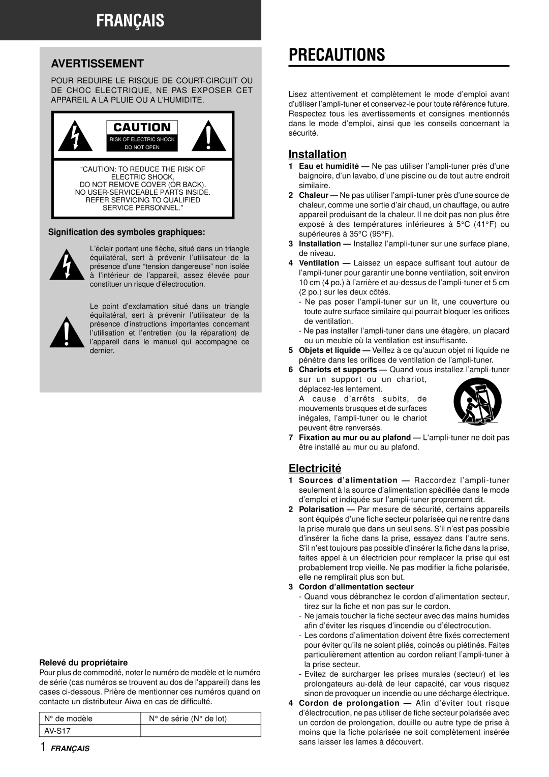 Aiwa AV-S17 manual Avertissement, Electricité, Signification des symboles graphiques, Relevé du propriétaire 