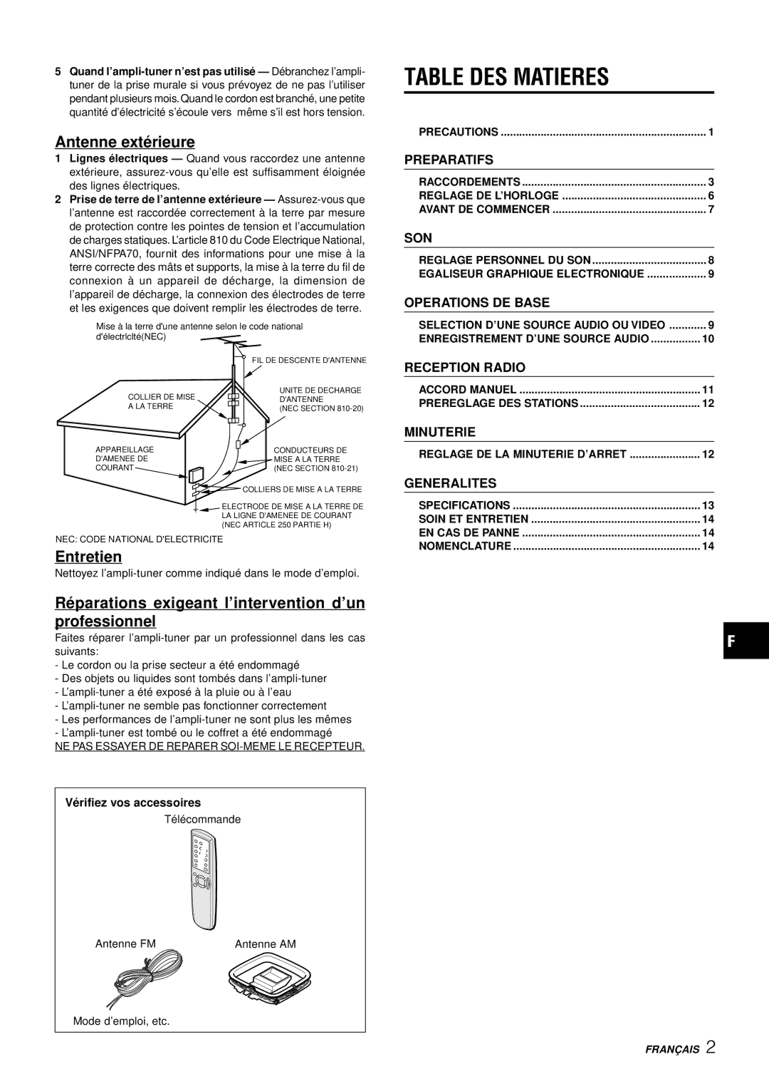 Aiwa AV-S17 Table DES Matieres, Antenne exté rieure, Entretien, Ré parations exigeant l’intervention d’un professionnel 