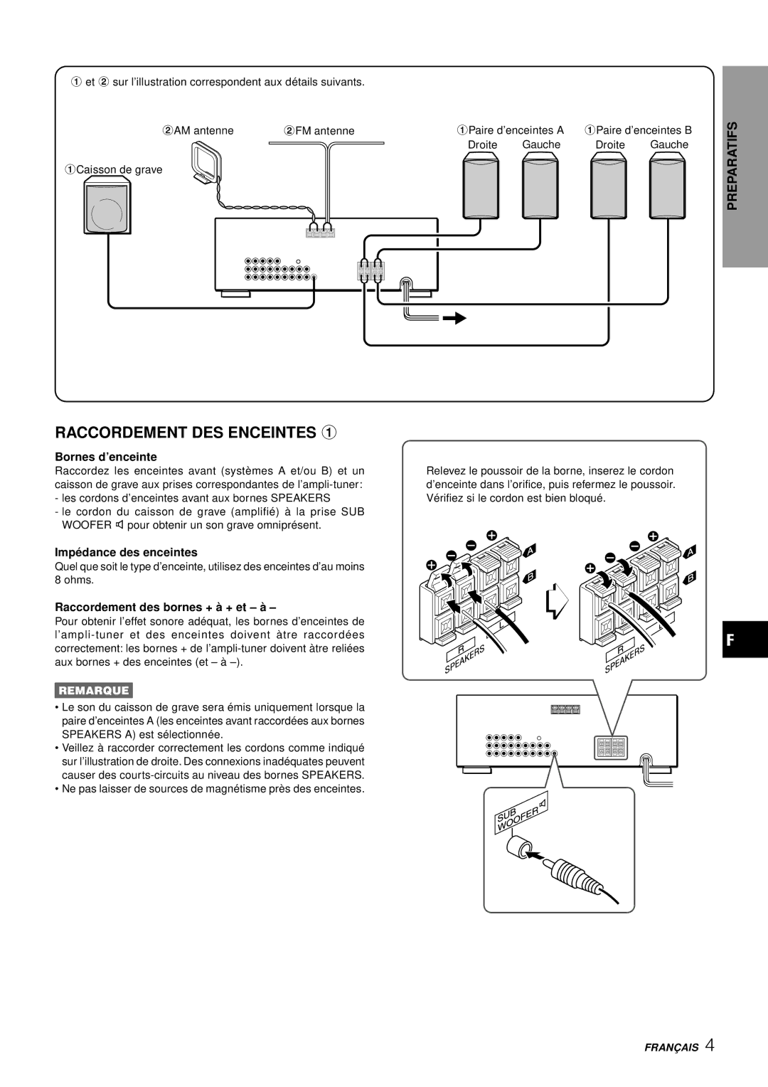 Aiwa AV-S17 Raccordement DES Enceintes, Bornes d’enceinte, Impé dance des enceintes, Raccordement des bornes + à + et à 