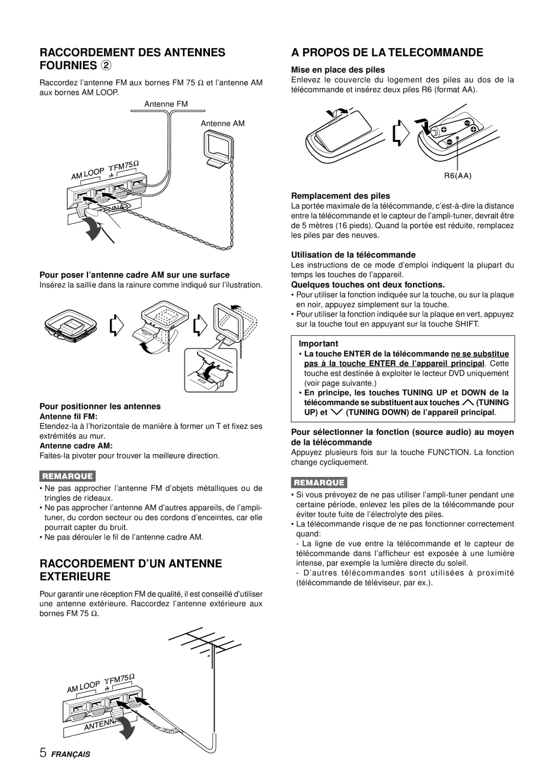 Aiwa AV-S17 manual Raccordement DES Antennes Fournies, Raccordement D’UN Antenne Exterieure, Propos DE LA Telecommande 