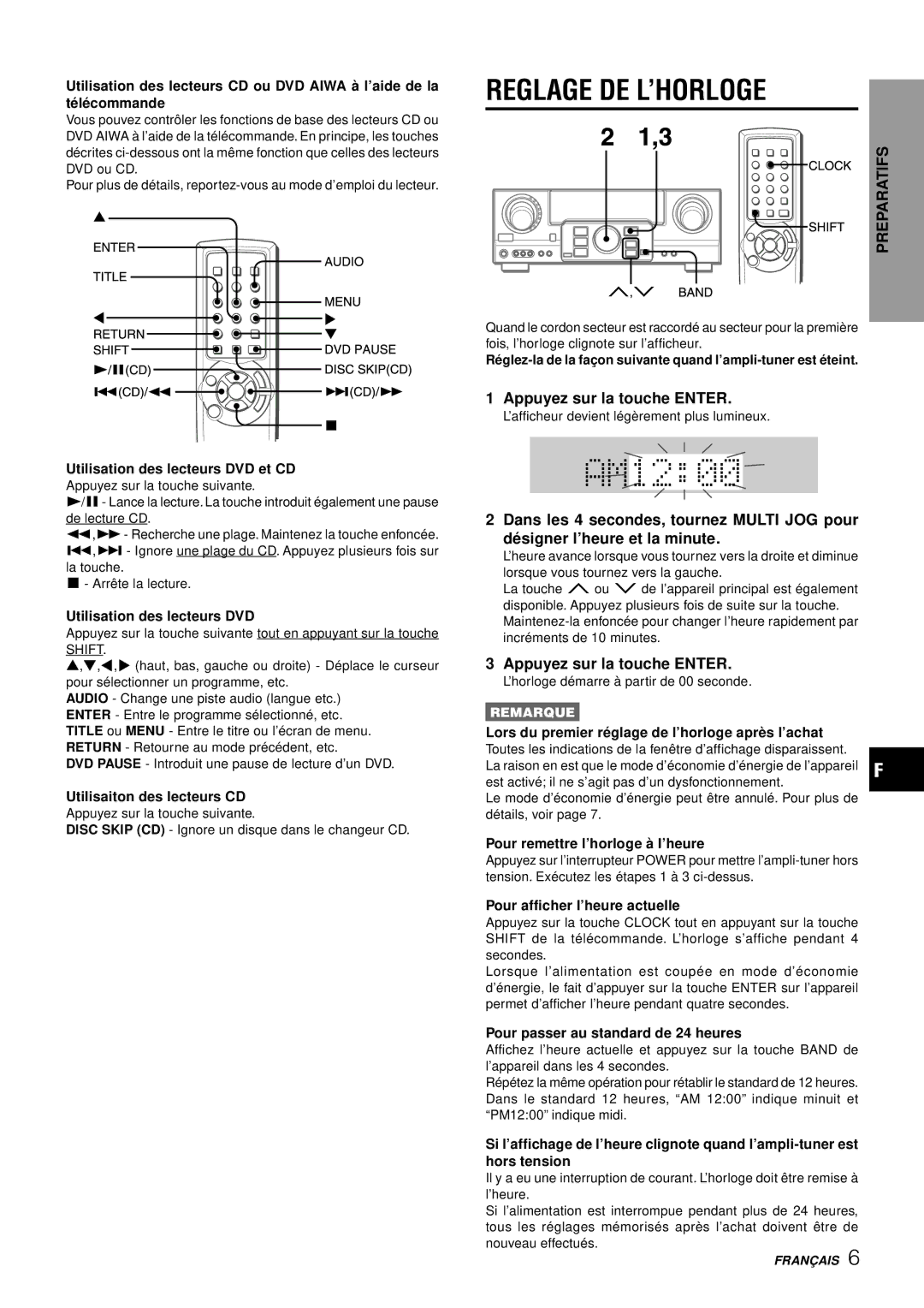 Aiwa AV-S17 manual Reglage DE L’HORLOGE, Appuyez sur la touche Enter 