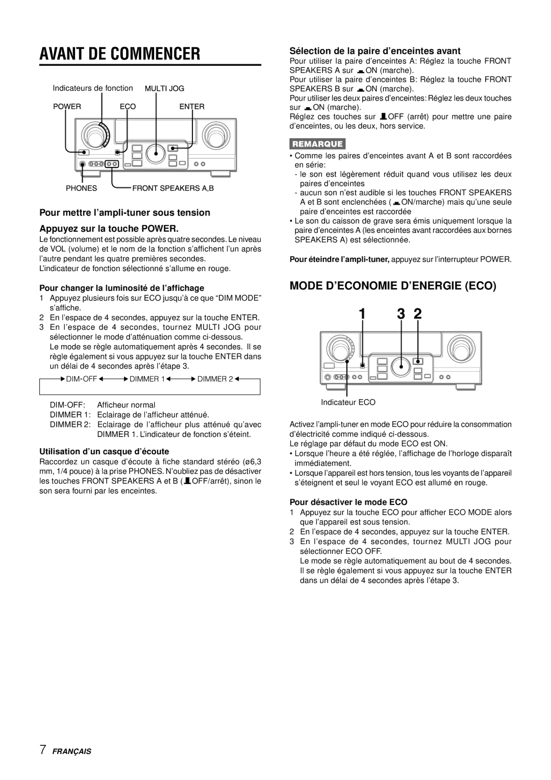 Aiwa AV-S17 manual Avant DE Commencer, Mode D’ECONOMIE D’ENERGIE ECO, Sé lection de la paire d’enceintes avant 