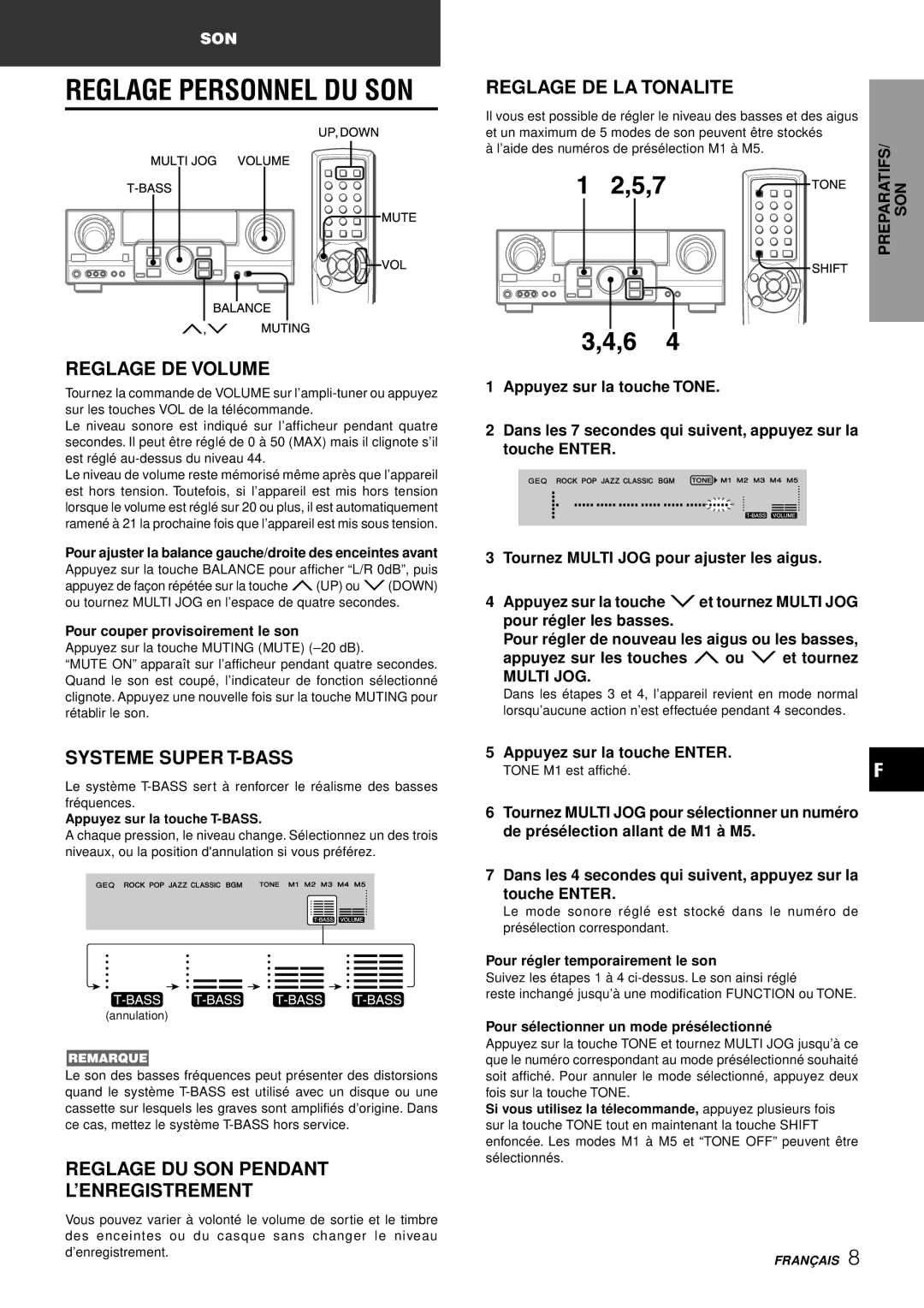 Aiwa AV-S17 manual Reglage DE LA Tonalite, Reglage DE Volume, Systeme Super T-BASS, Reglage DU SON Pendant ’ENREGISTREMENT 