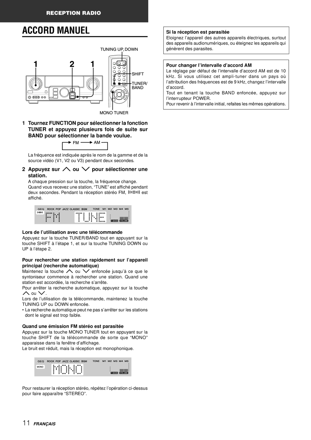 Aiwa AV-S17 manual Accord Manuel, Appuyez sur N ou M pour sé lectionner une station 