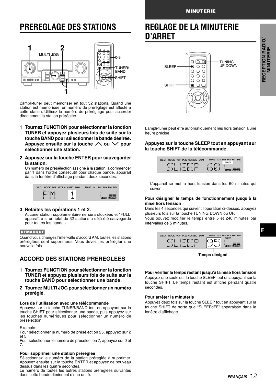 Aiwa AV-S17 manual Prereglage DES Stations, Reglage DE LA Minuterie D’ARRET, Accord DES Stations Prereglees 