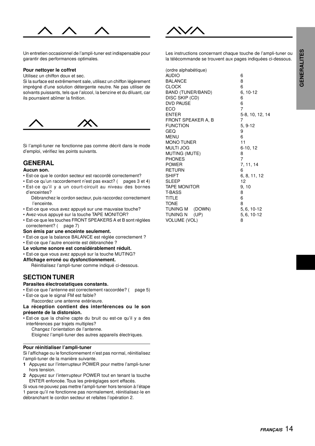 Aiwa AV-S17 manual Soin ET Entretien, EN CAS DE Panne, Nomenclature, Section Tuner 