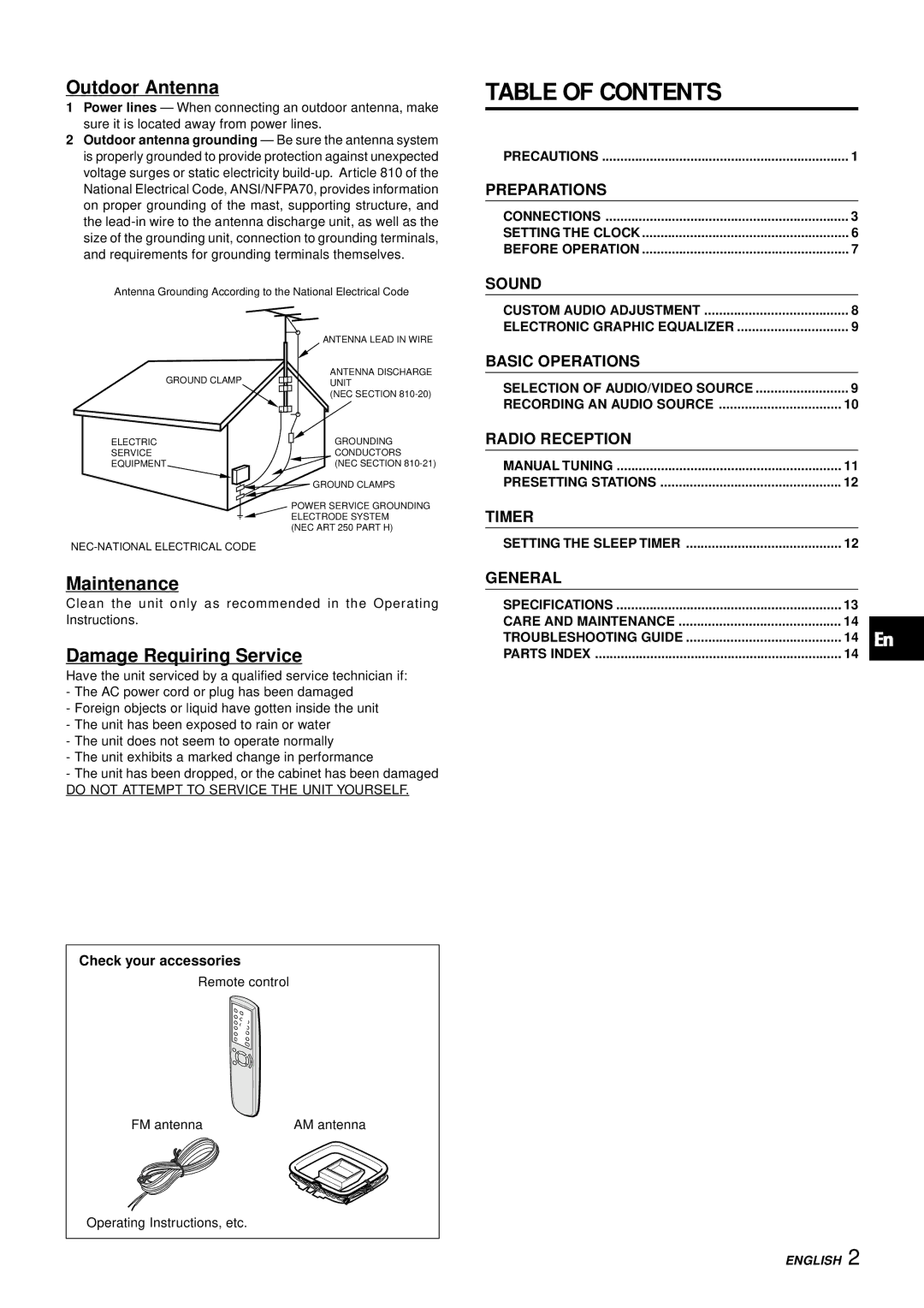 Aiwa AV-S17 manual Table of Contents 