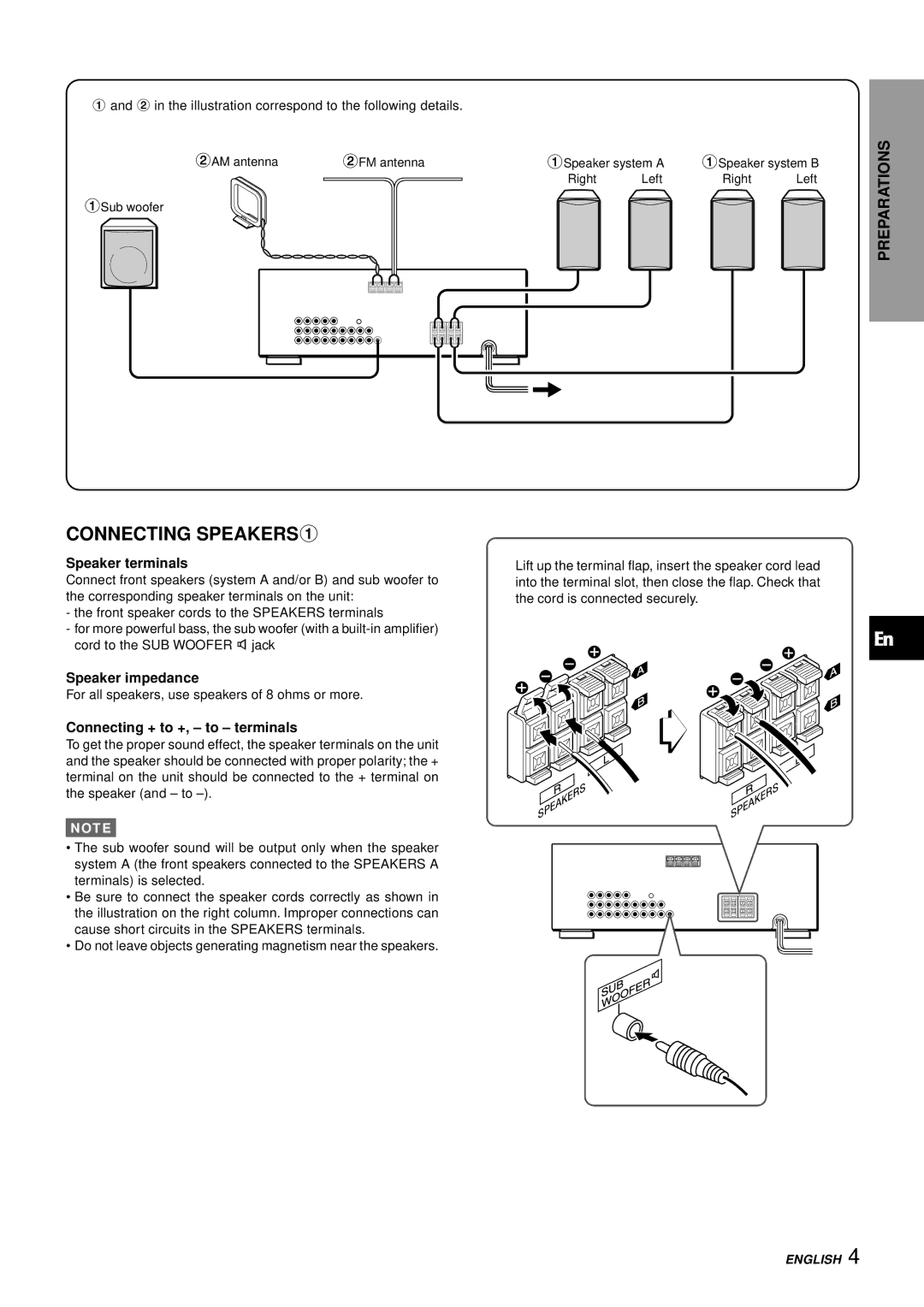 Aiwa AV-S17 manual Connecting SPEAKERS1, Speaker terminals, Speaker impedance, Connecting + to +, to terminals 