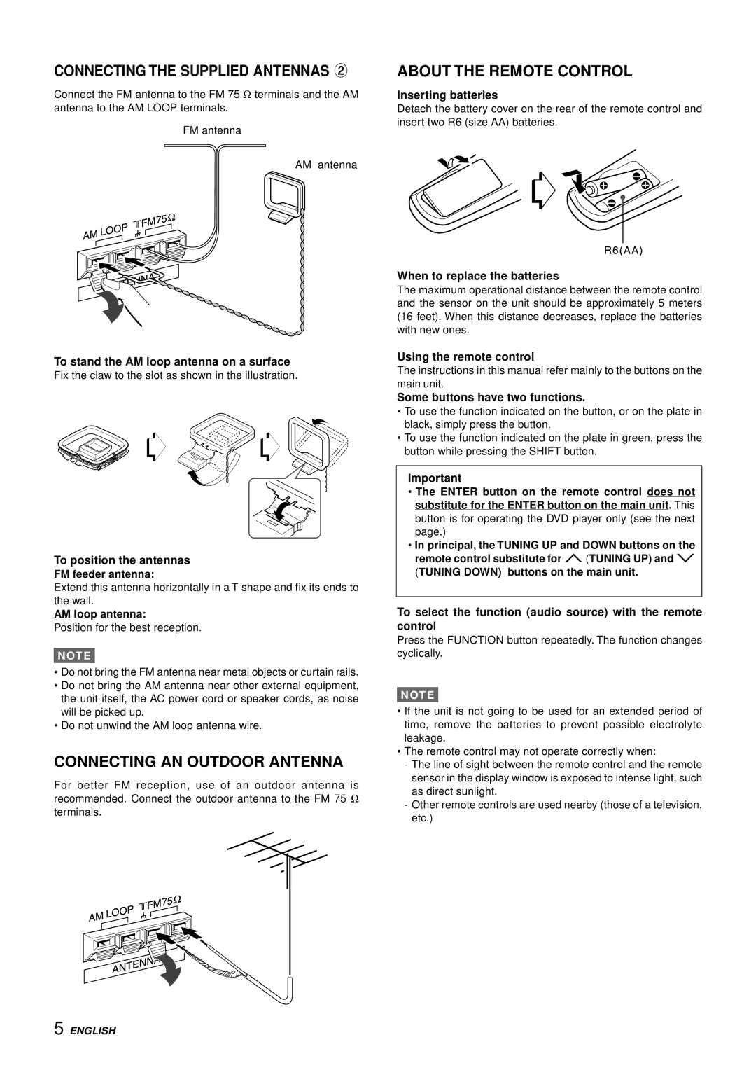 Aiwa AV-S17 manual Connecting the Supplied Antennas, Connecting AN Outdoor Antenna, About the Remote Control 