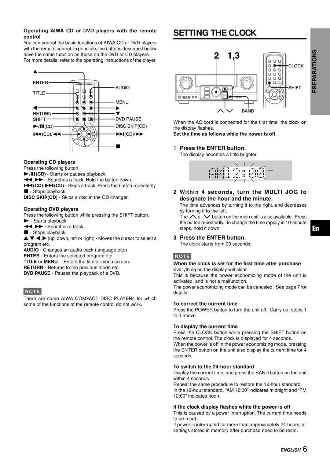 Aiwa AV-S17 manual Setting the Clock, Press the Enter button 