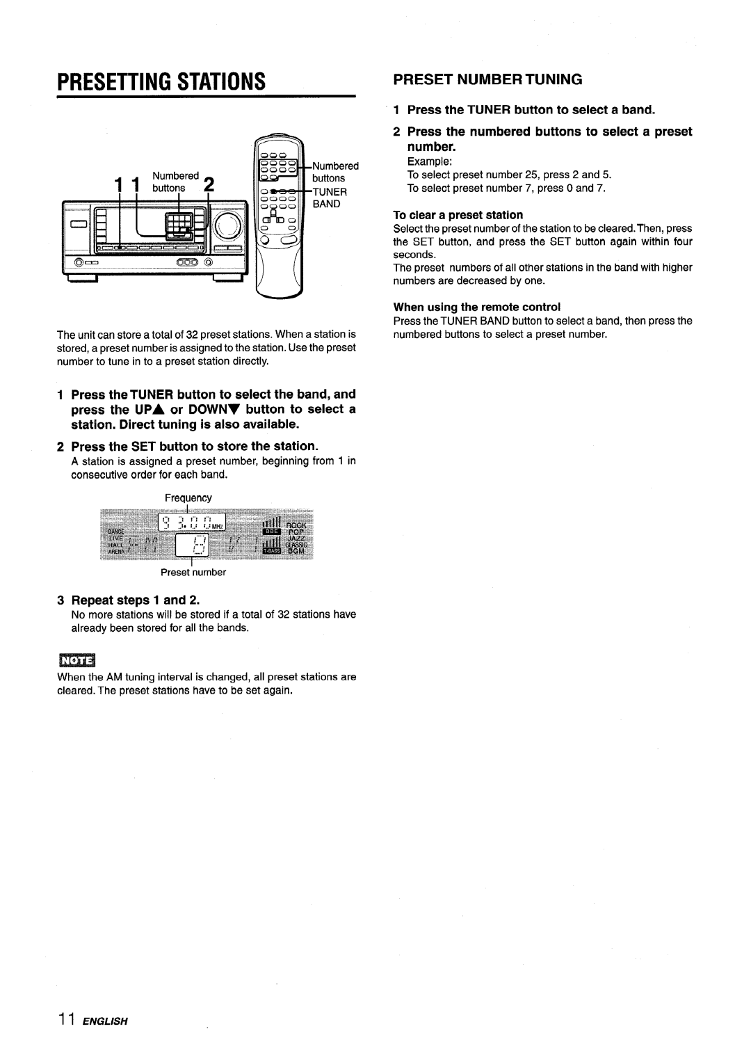 Aiwa AV-X120 manual Presetting Stations, Preset Number Tuning, Repeat steps 1, To clear a preset station 