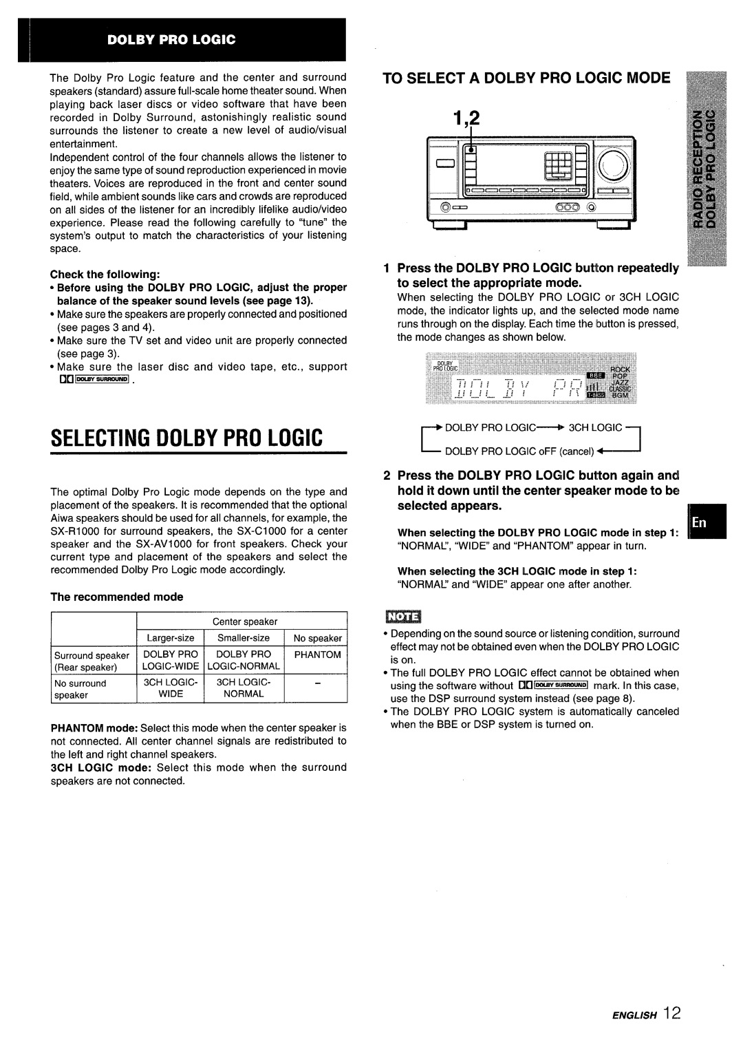 Aiwa AV-X120 manual Selecting Dolby PRO Logic, To Select a Dolby PRO Logic Mode, Recommended mode 