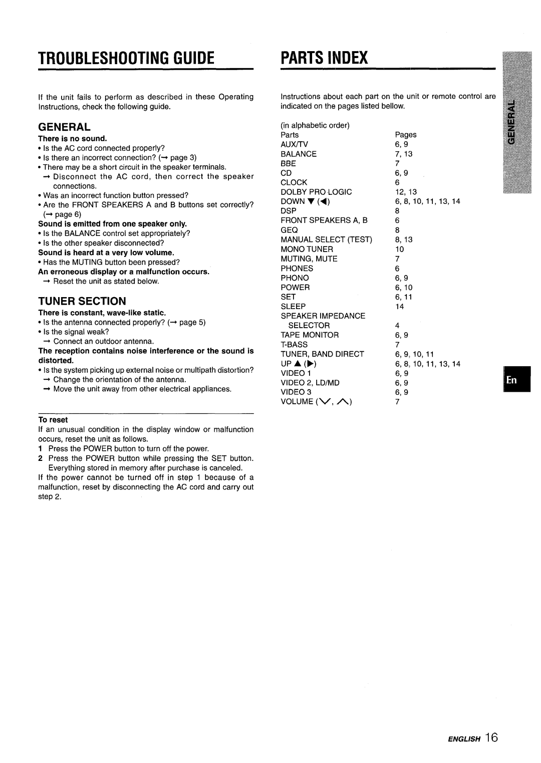 Aiwa AV-X120 manual Troubleshooting Guide, Parts Index, General, Tuner Section 