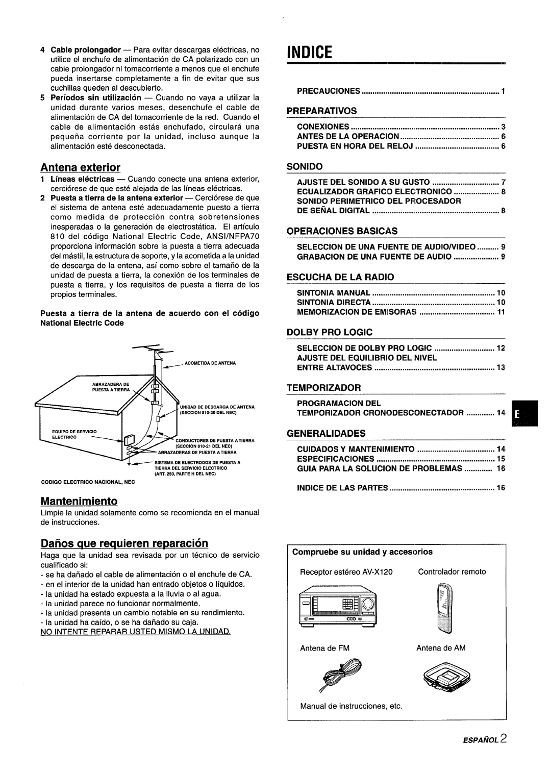 Aiwa AV-X120 manual Indice, Antena exterior, Mantenimiento, Dailos we requieren re~aracion 