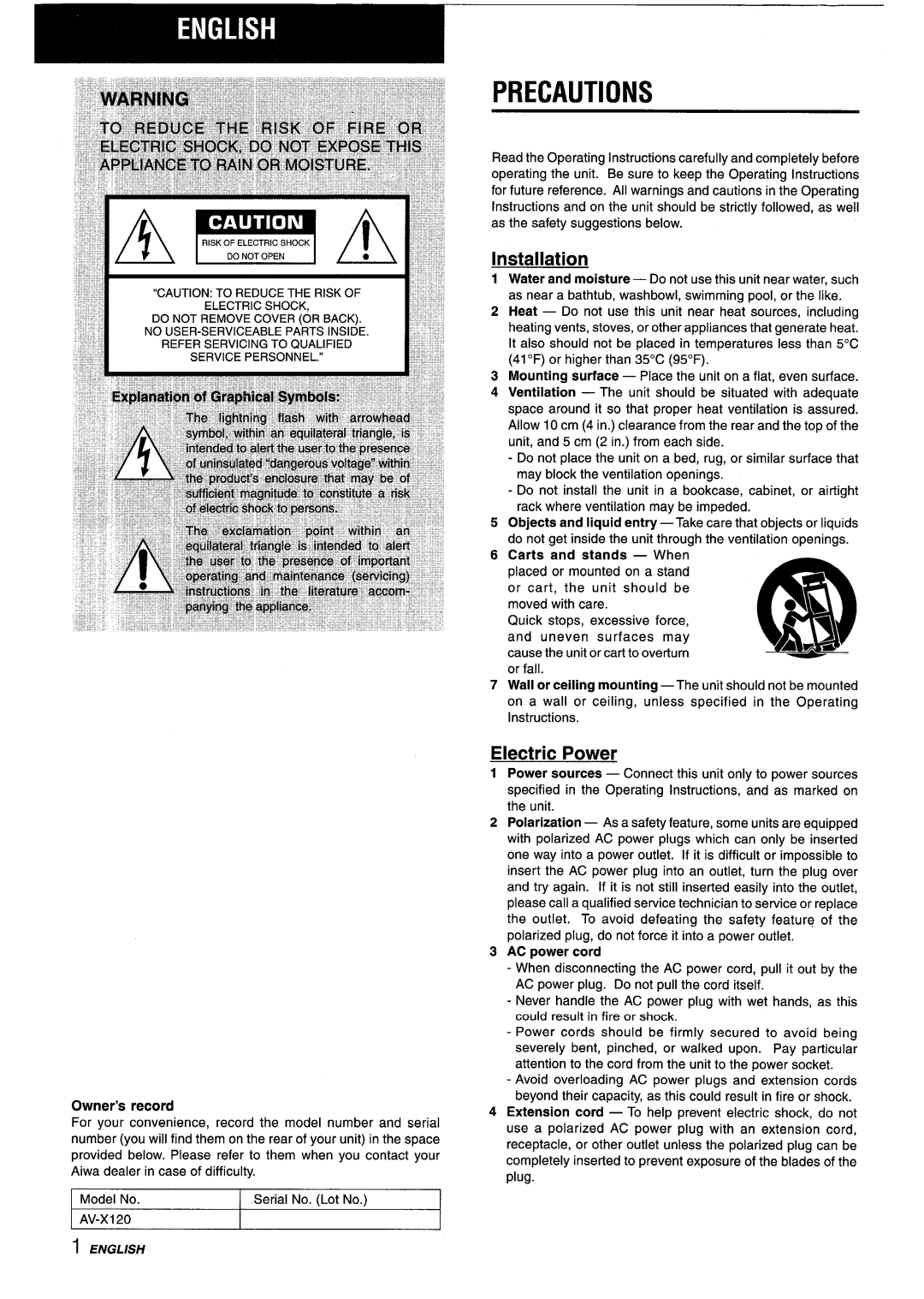 Aiwa AV-X120 manual Precautions, Installation, Electric Power, Owner’s record, AC power cord 