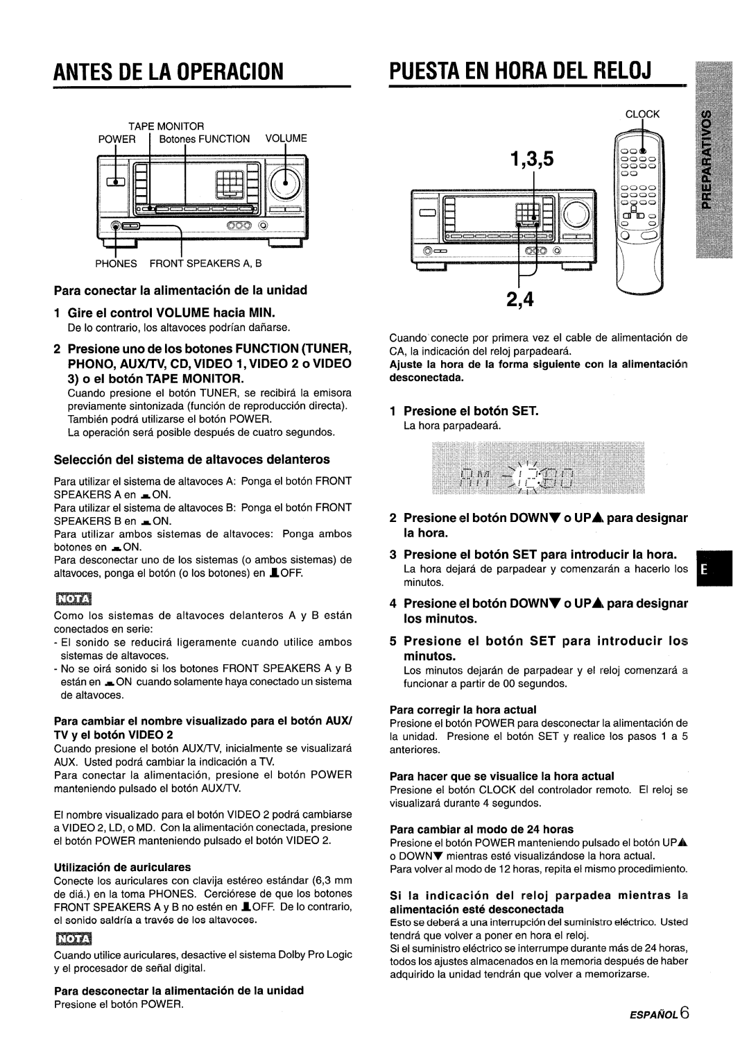 Aiwa AV-X120 manual Antes DE LA Operacion, Puesta EN Hora DEL Fieloj, Seleccion del sistema de altavoces delanteros 