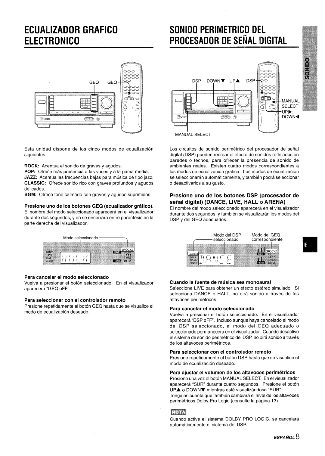 Aiwa AV-X120 Ecualizador Grafico Electronic, Sonko Perimetrico DEL, Pr’esione uno de Ios botones GEQ ecualizador grafico 