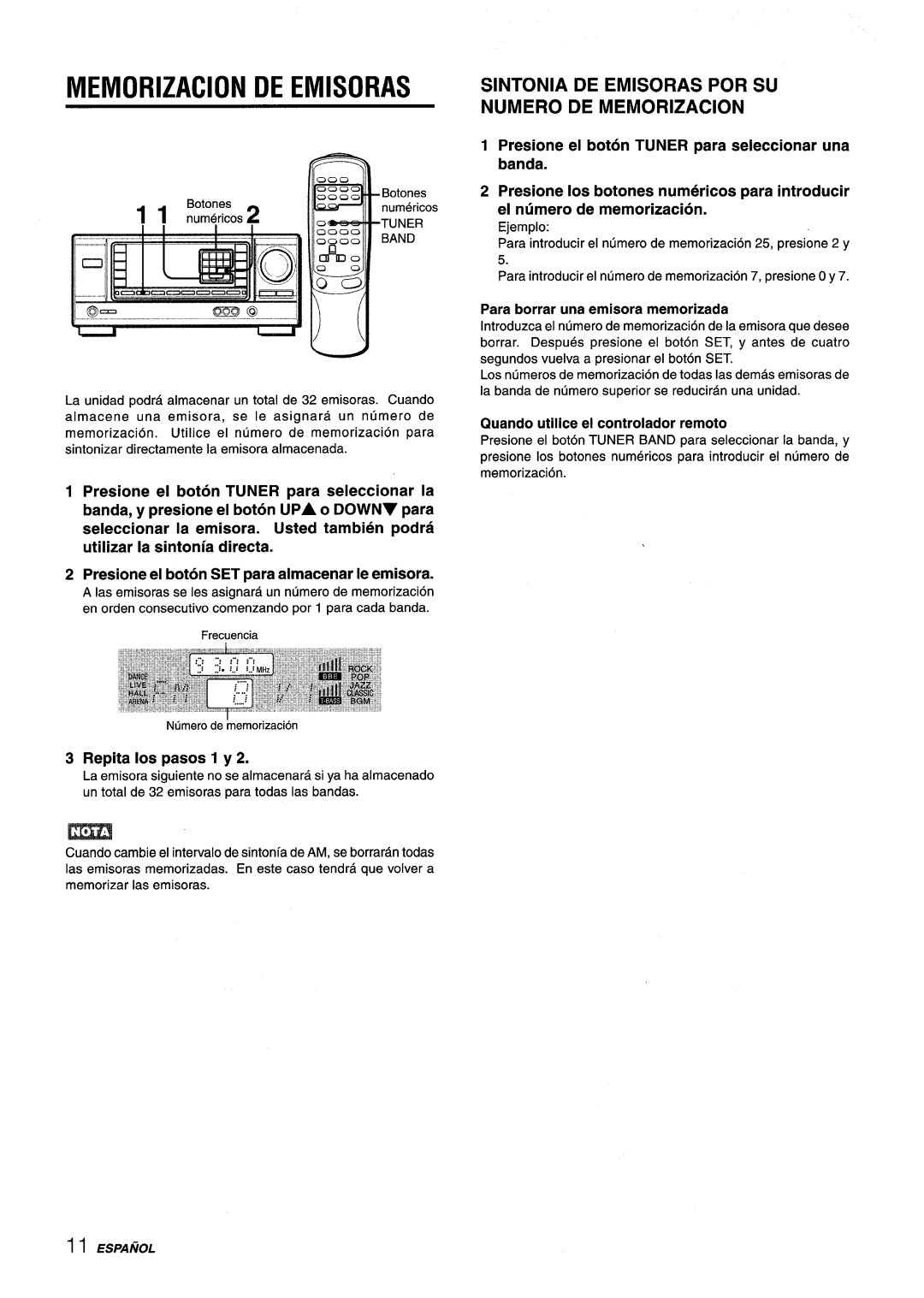 Aiwa AV-X120 manual Memorization DE Emisoras, Sintonia DE Emisoras POR SU Numero DE Memorization, Repita Ios pasos 1 y 