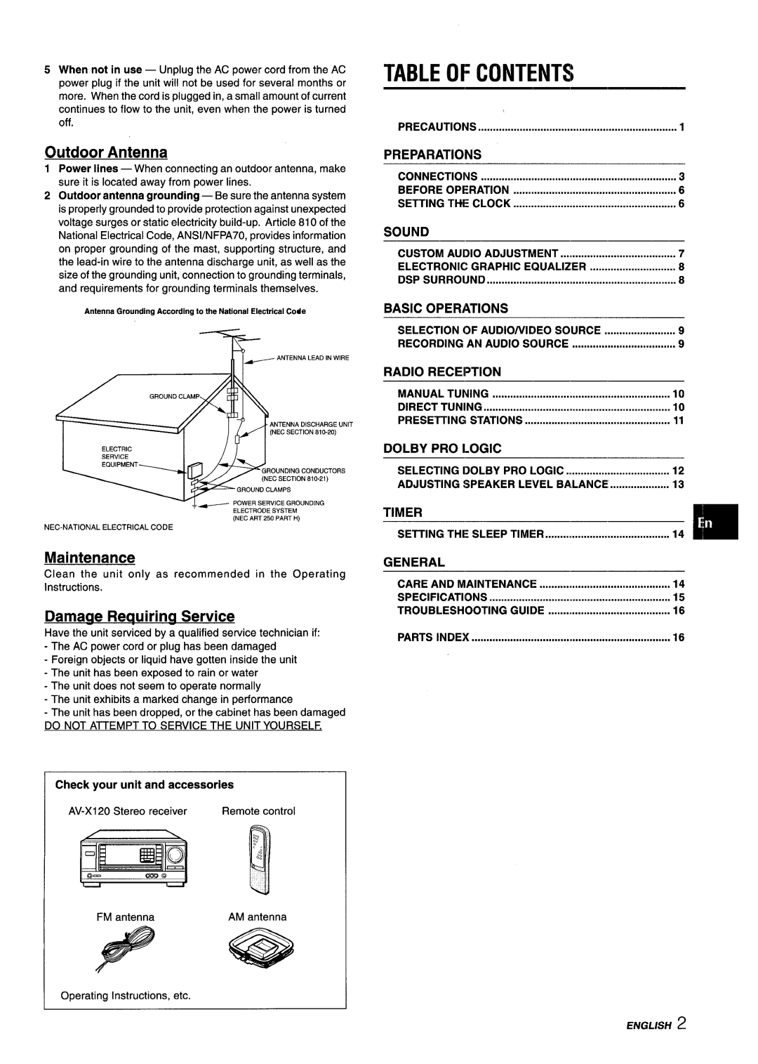 Aiwa AV-X120 manual Table of Contents 