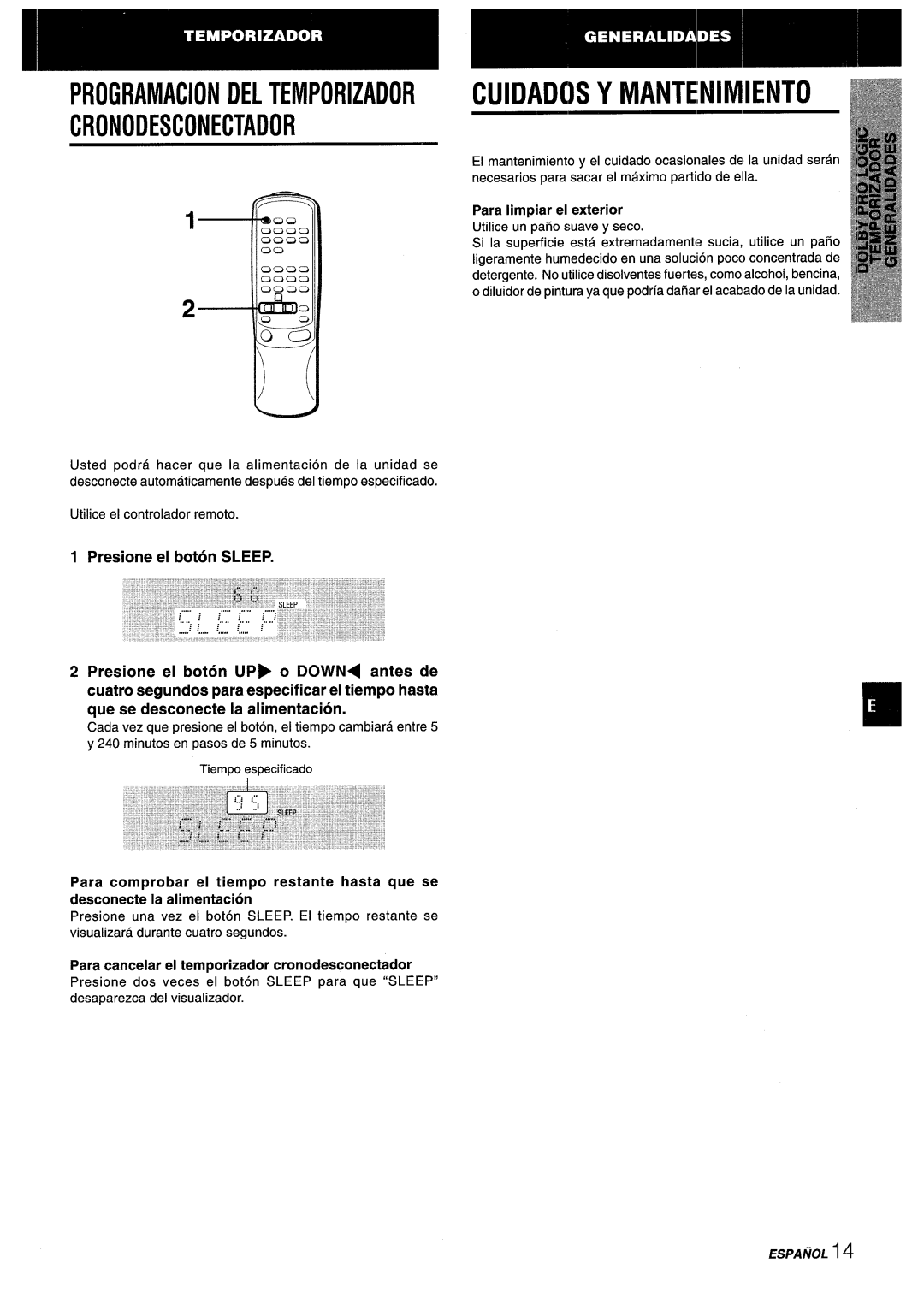 Aiwa AV-X120 manual Para Iimpiar el exterior, Para cancelar el temporizador cronodesconectador 