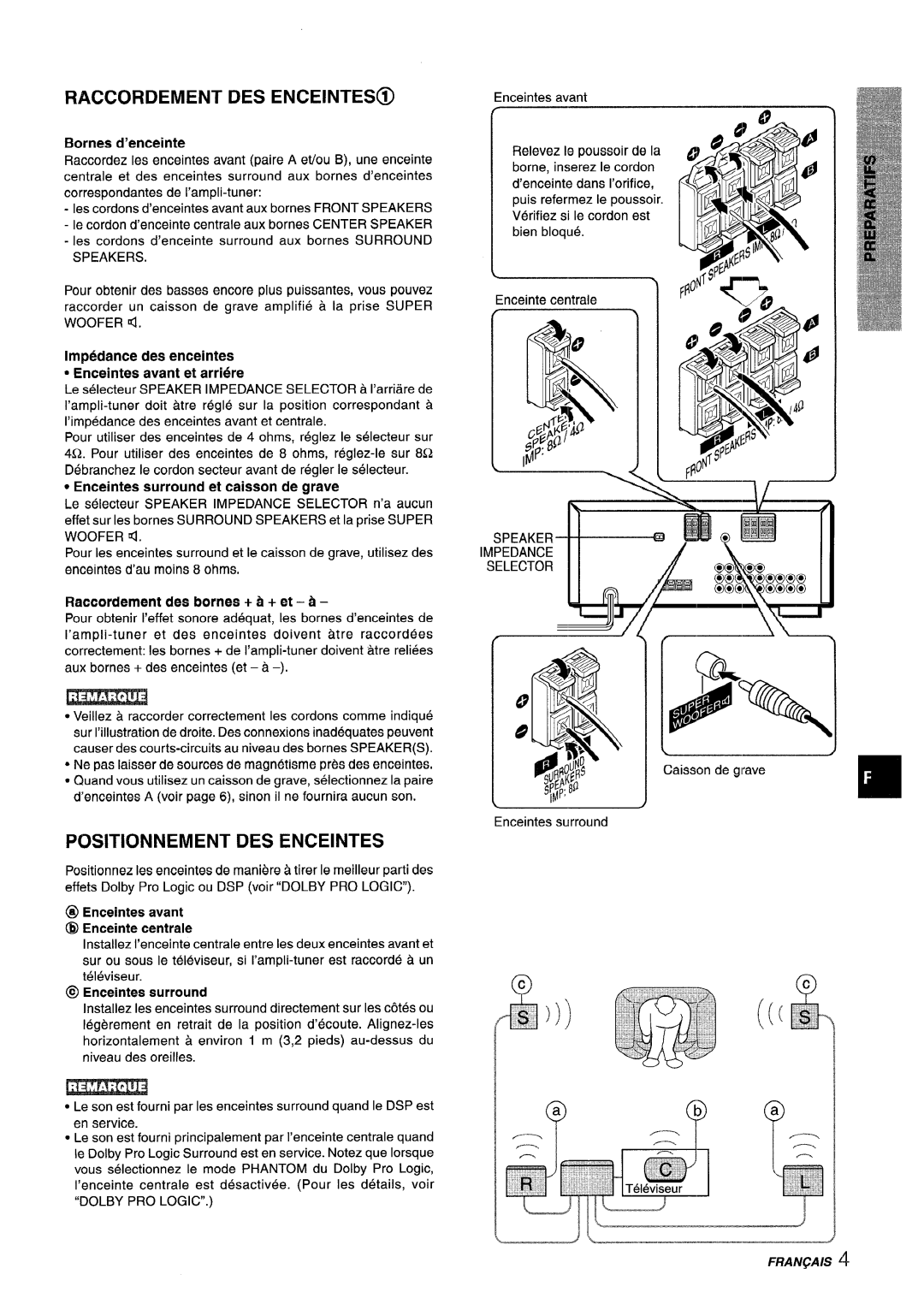 Aiwa AV-X120 Raccordement DES ENCEINTES@, Positionnement DES Enceintes, Impedance des enceintes Enceintes avant et arriere 