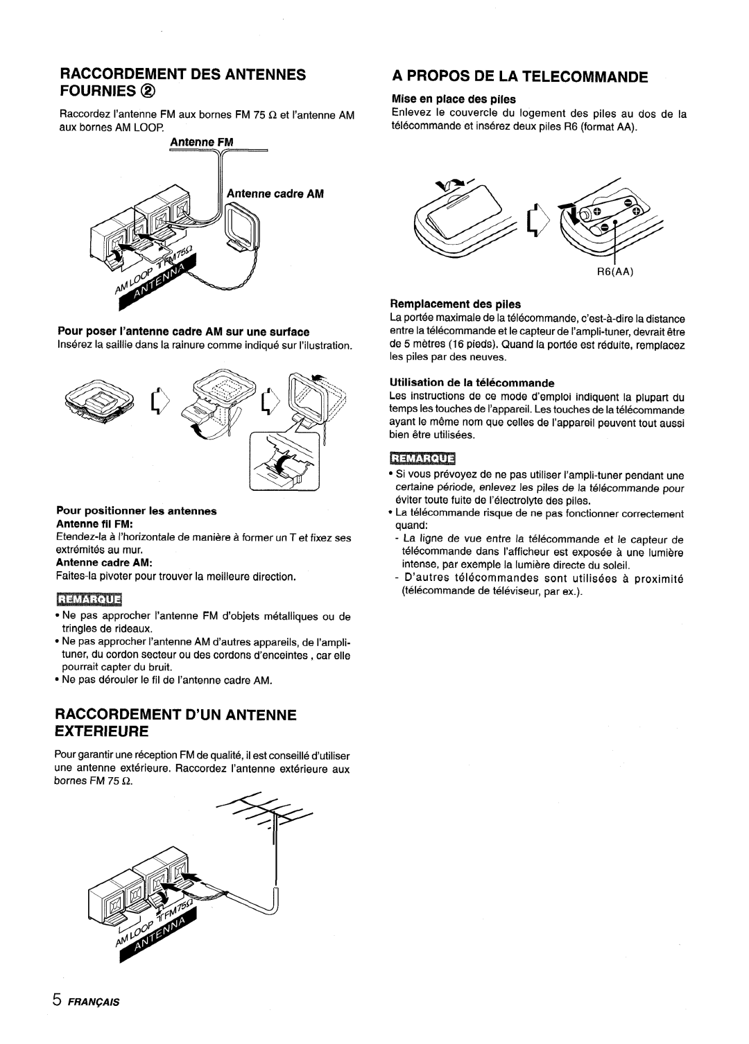 Aiwa AV-X120 manual Raccordement Desantennes Fournies @, Raccordement D’UN Antenne Exterieure, Apropos DE LA Telecommande 