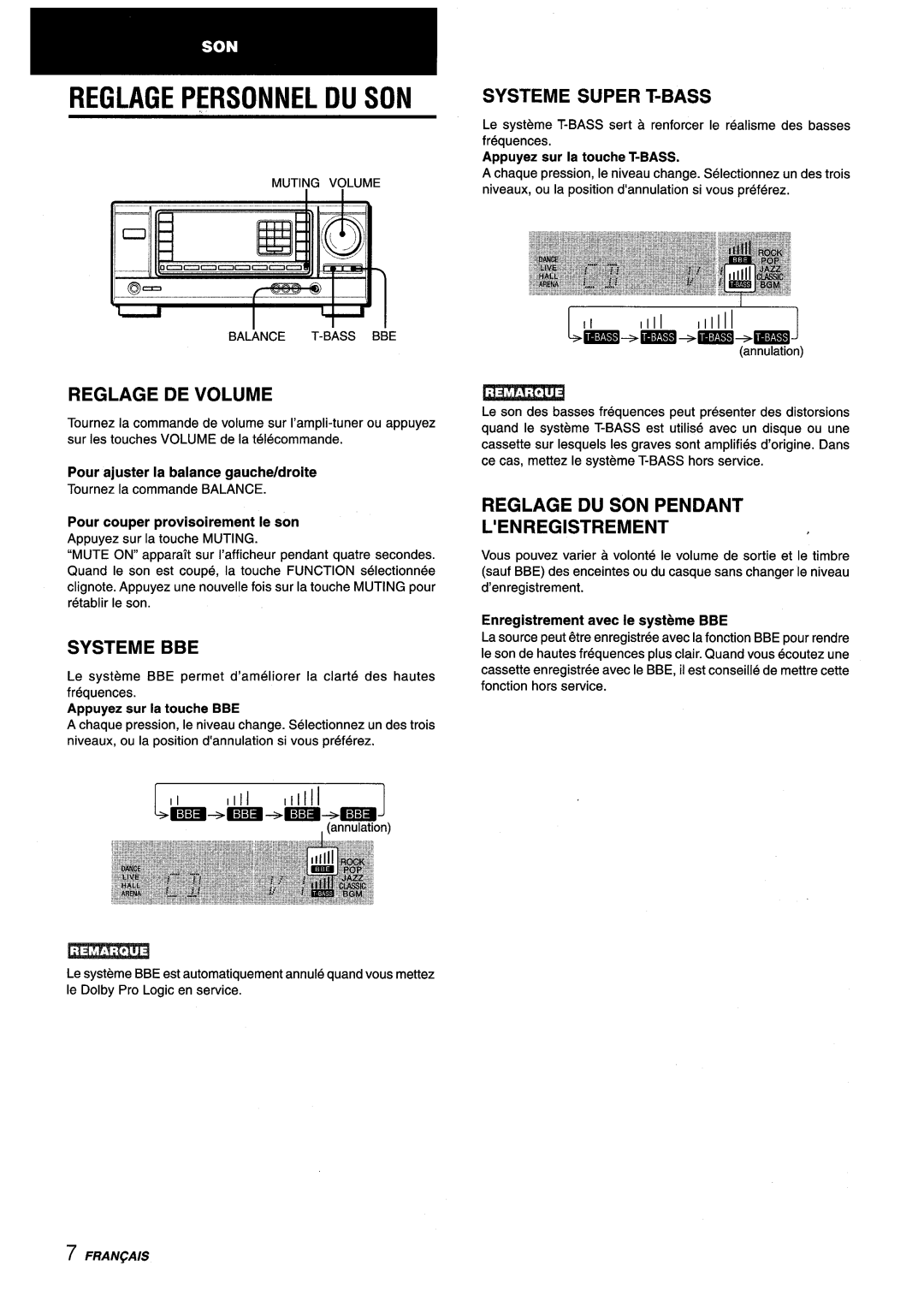 Aiwa AV-X120 manual Reglage Personnel DU SON, Systeme Super T-BASS, Reglage DE Volume, Systeme BBE 