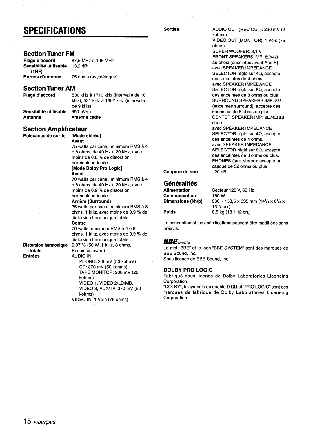 Aiwa AV-X120 manual Specifications, Section Tuner AM, Section Amplificateur, Generalities 