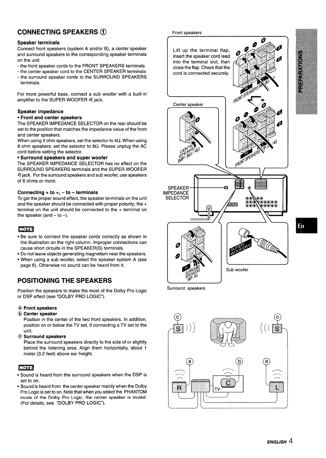 Aiwa AV-X120 manual Connecting Speakers @, Positioning the Speakers 