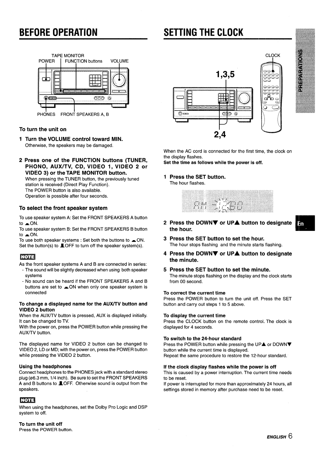 Aiwa AV-X120 manual Before Operation, Setting the Clock 