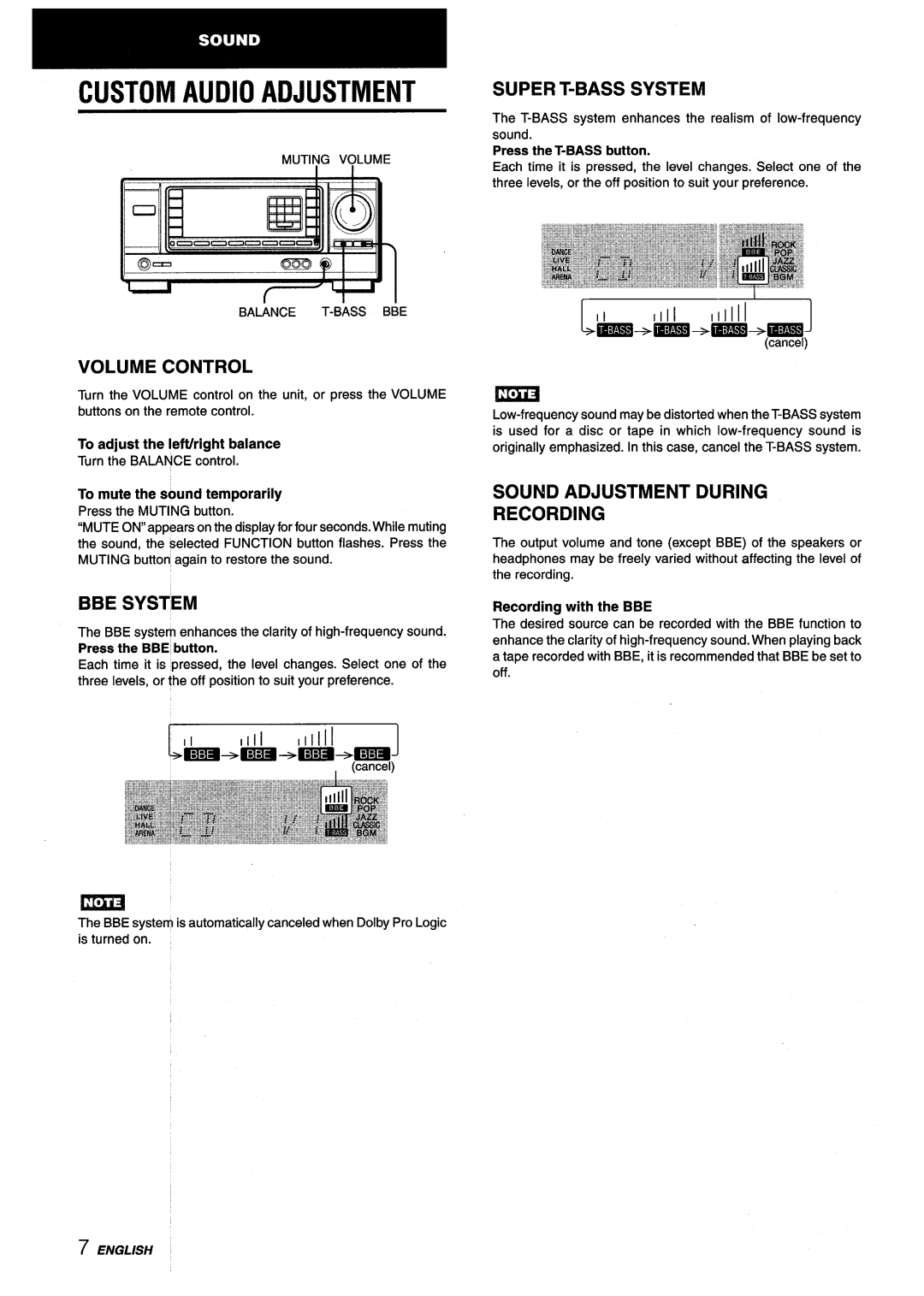 Aiwa AV-X120 Custom Audio Adjustment, Volume Control, BBE System, Super T-BASS System, Sound Adjustment During Recording 