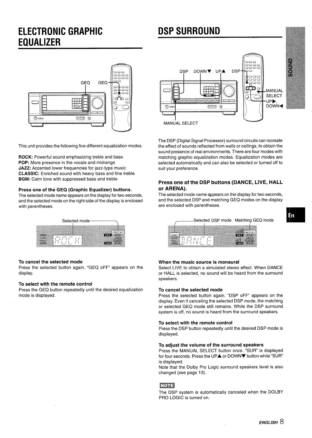 Aiwa AV-X120 manual Electronic Graphic Equalizer, DSP Surround, Press one of the DSP buttons DANCE, LIVE, Hall or Arena 