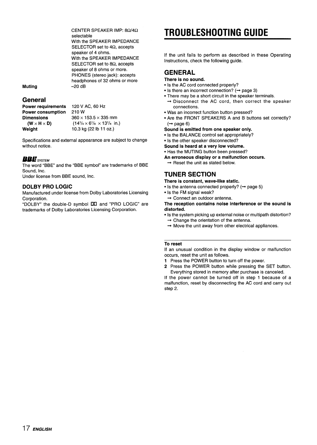 Aiwa AV-X220 manual Troubleshooting Guide, General, Tuner Section, Xhxd 