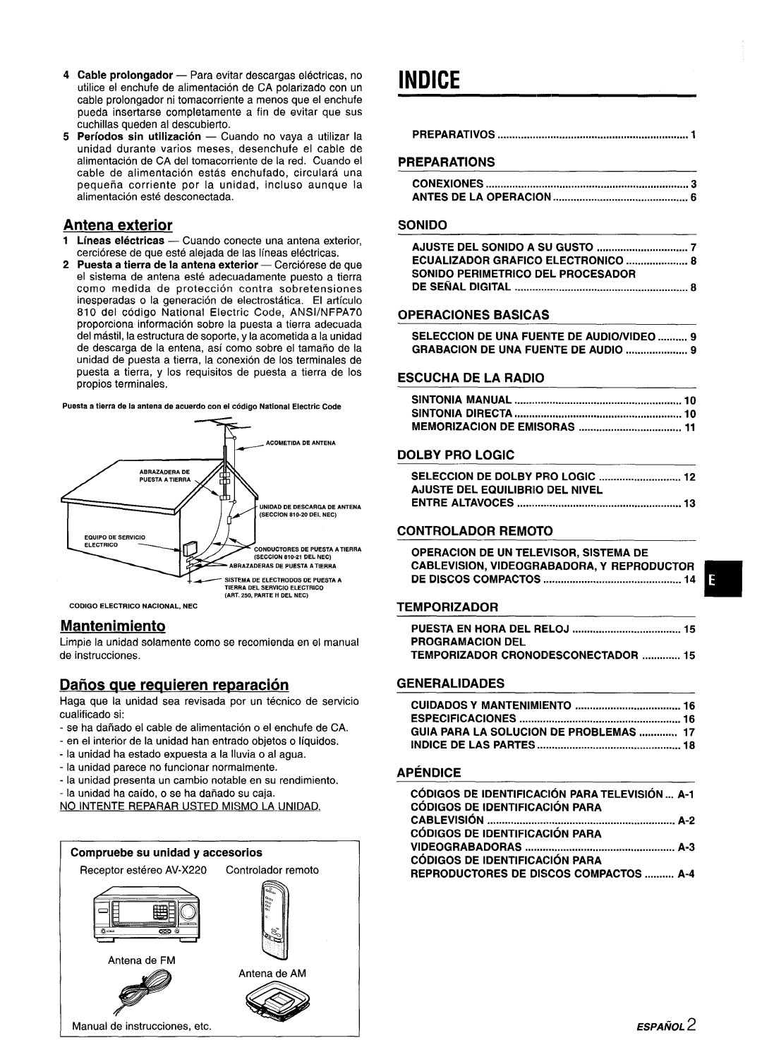 Aiwa AV-X220 manual Antena exterior, Mantenimiento, Dai70s que requieren reparation, OPERAClONES 