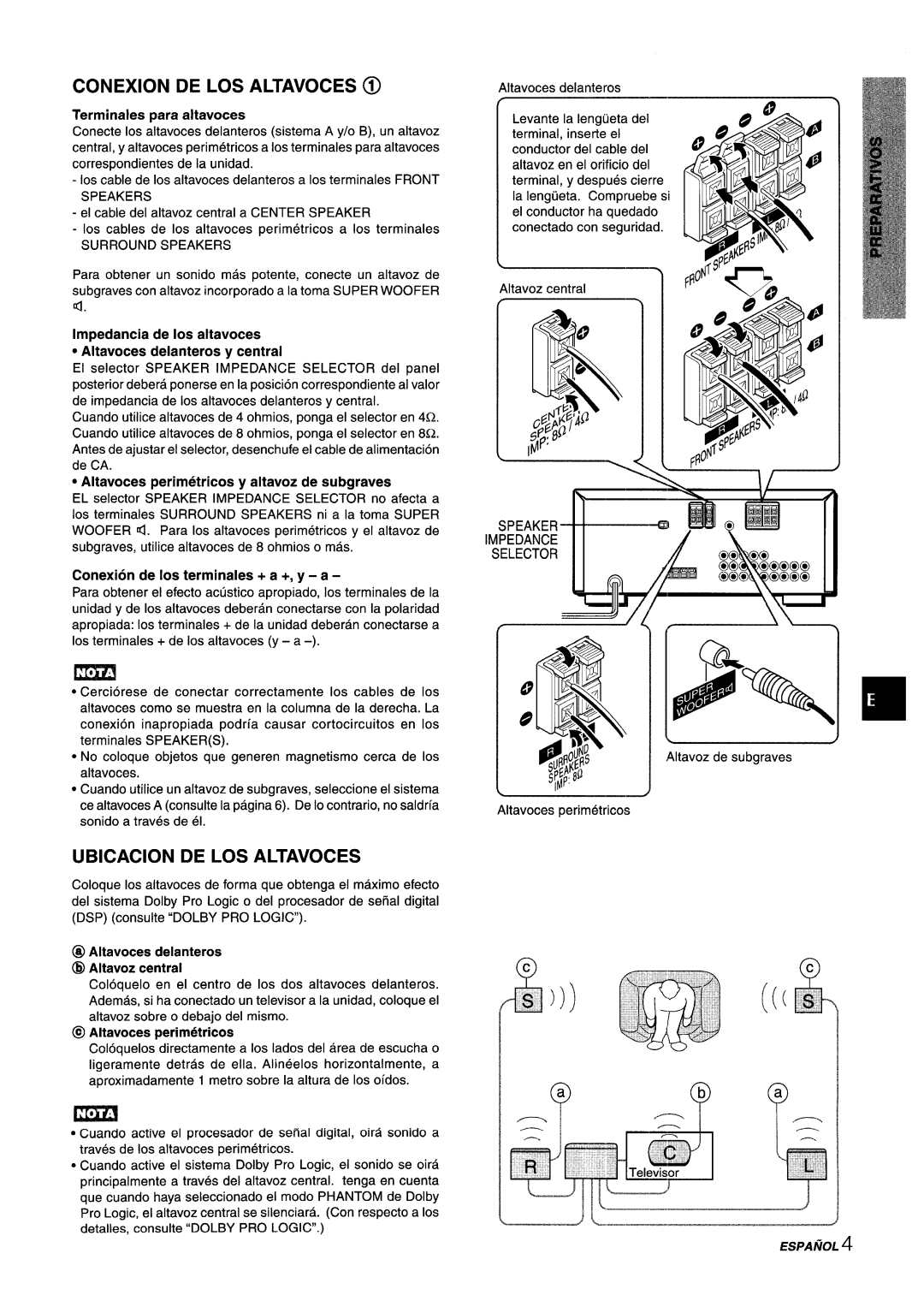 Aiwa AV-X220 manual Conexion DE LOS Altavoces @, Ubicacion DE LOS Altavoces 