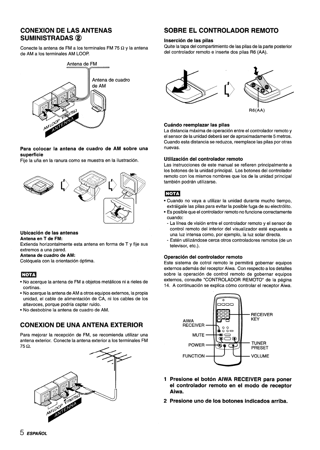 Aiwa AV-X220 manual Conexion DE LAS Antenas Suministradas @, Sobre EL Controlador Remoto, Conexion DE UNA Antena Exterior 