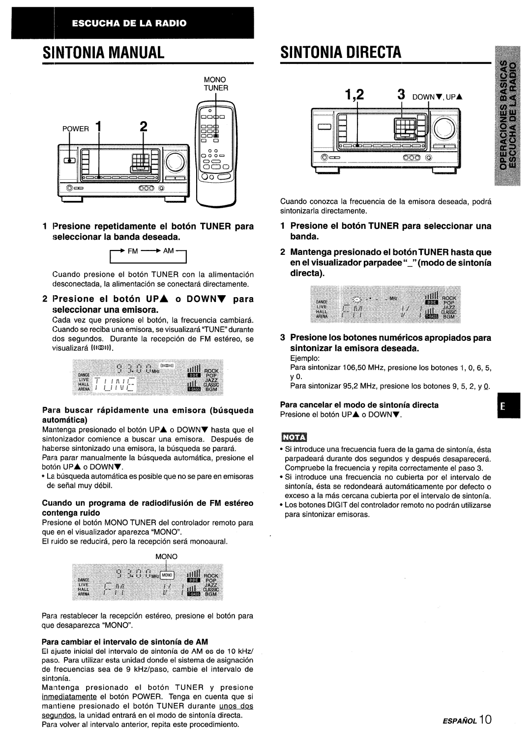 Aiwa AV-X220 manual Sintonia Directa, Presione el boton UPA o Downy para seleccionar una emisora, Mono Tuner Power ?? 