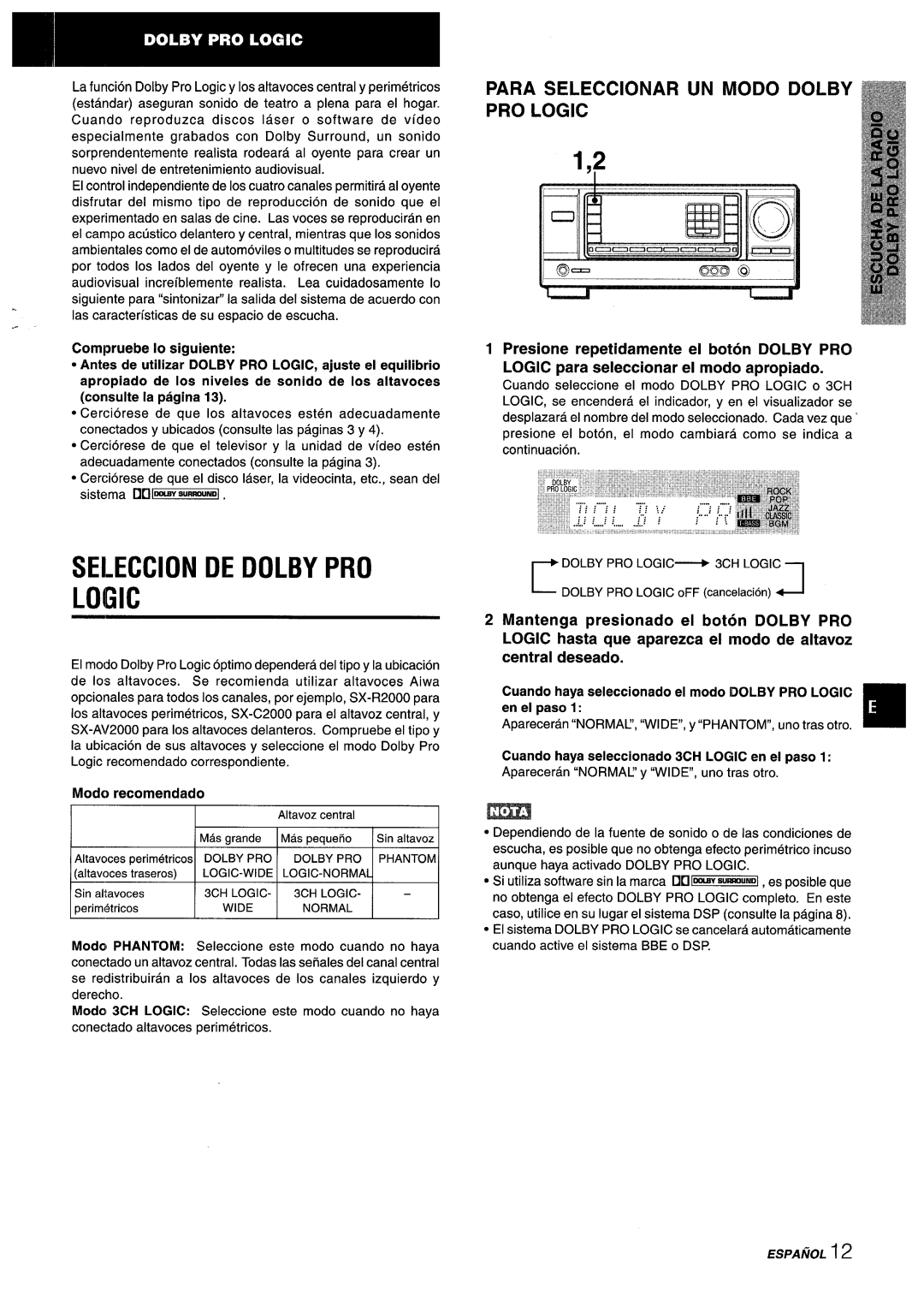 Aiwa AV-X220 manual Seleccion DE Dolby PRO Logic, Para Seleccionar UN Modo Dolby PRO Logic, Modo recomendado 