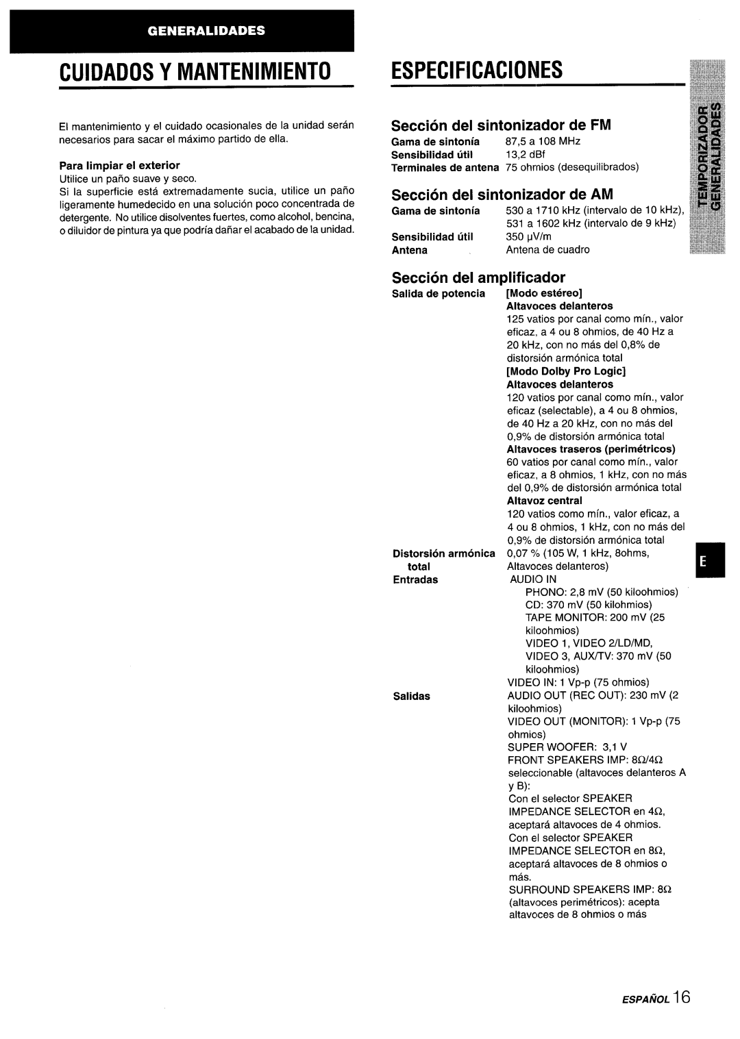 Aiwa AV-X220 Cuidados Y Mantenimiento, Especificaciones, Seccion del sintonizador de FM, Seccion del sintonizador de AM 