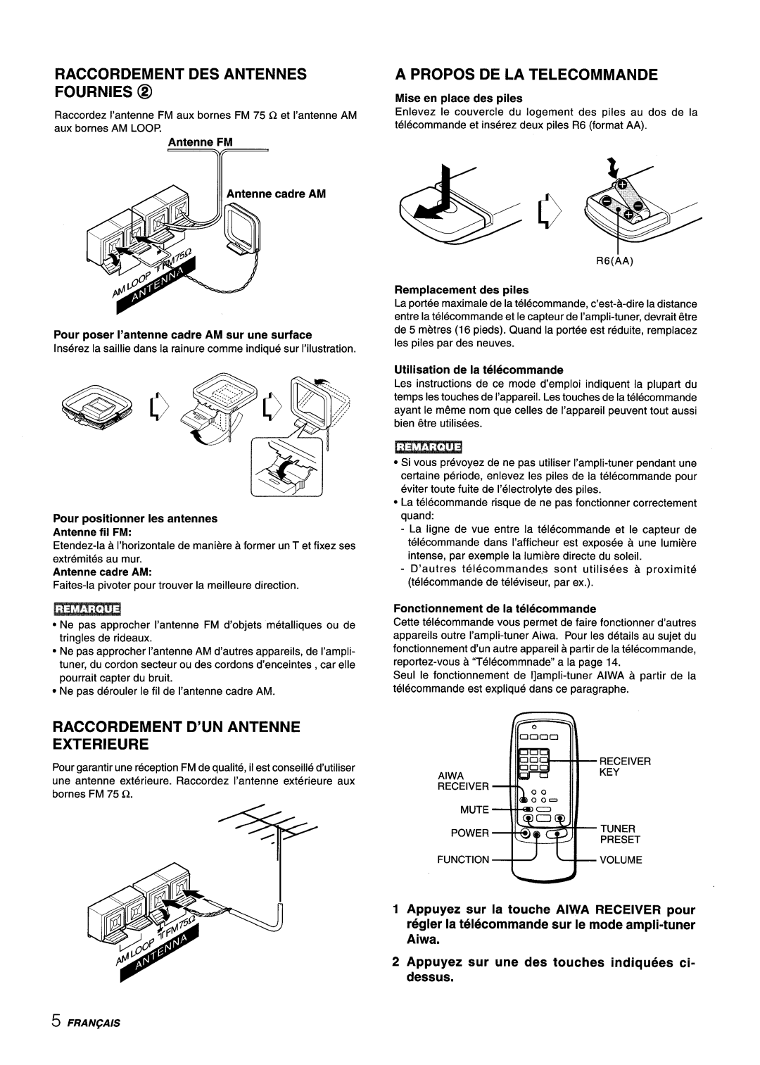 Aiwa AV-X220 manual Raccordement Desantennes Fournies @, Apropos DE LA Telecommande, Raccordement D’UN Antenne Exterieure 