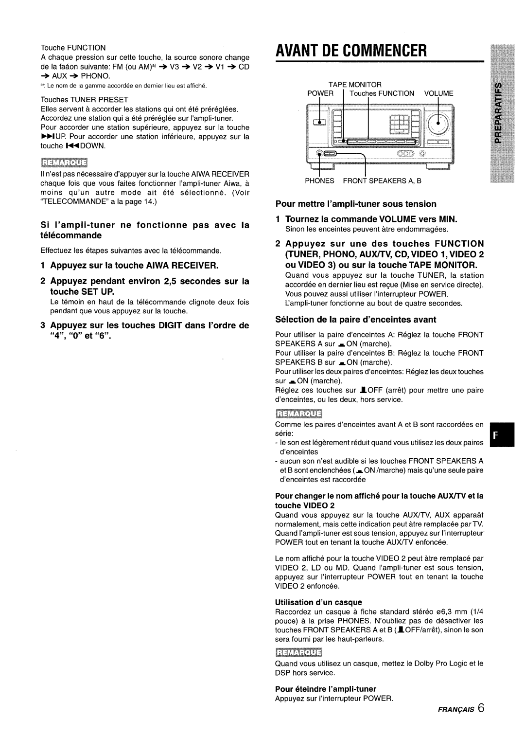 Aiwa AV-X220 manual Avant DE Commencer, Si I’ampli-tuner ne fonctionne pas avec la telecommande 